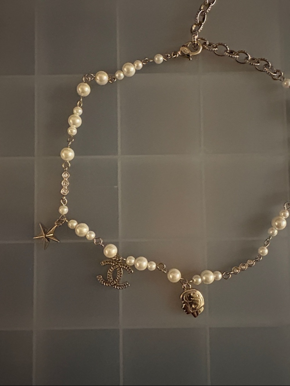 Pearl Charm Necklace/bracelet with CC and Star Pendants - Picture 2 of 5